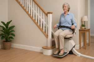 Woman in chair climbs stairs